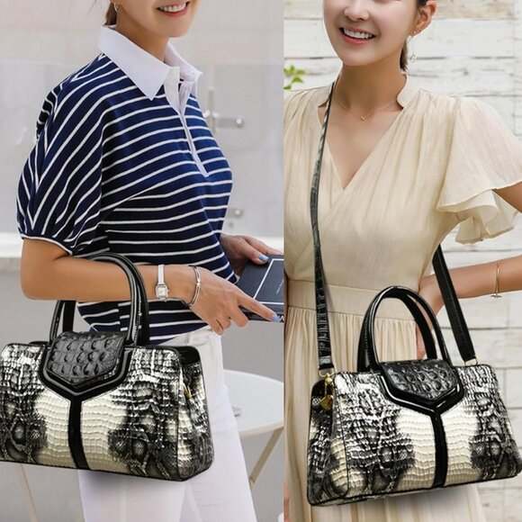 Black and White Crocodile Pattern Faux Leather Top Handle Satchel with Detachabl - Picture 6 of 6